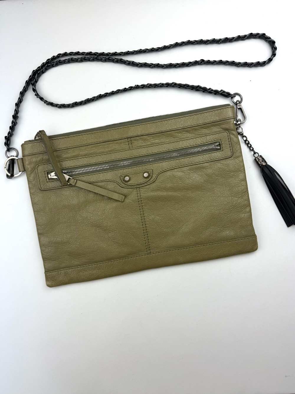 BALENCIAGA Moto Classic Clip M Clutch Crossbody Bag in Khaki Lambskin